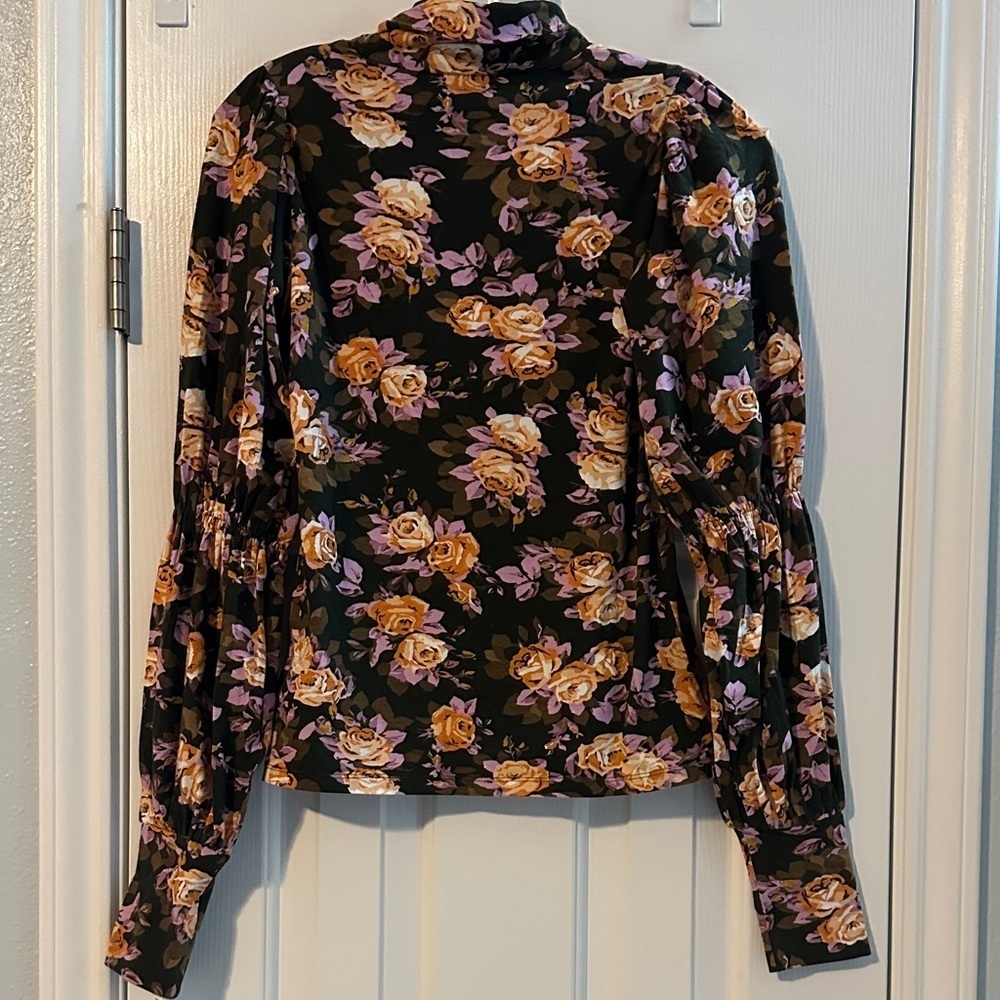Anthropologie Black Floral Turtleneck Puff Sleeves NWT XXS Boho Indie Sleeze - Picture 4 of 8